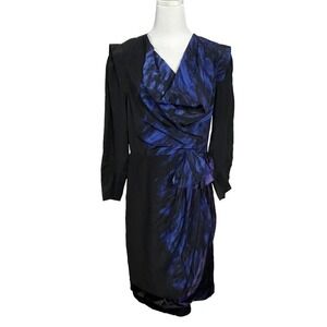 BCBGMaxAzria Dress Women 12‎ Black Purple Silk Cowl Neck Drape Ruched Structure